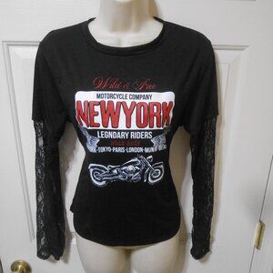 NEW M FASIS WILD & FREE LACE LS BLK NEW YORK MOTORCYCLE RIDERS XL JRS. T-SHIRT